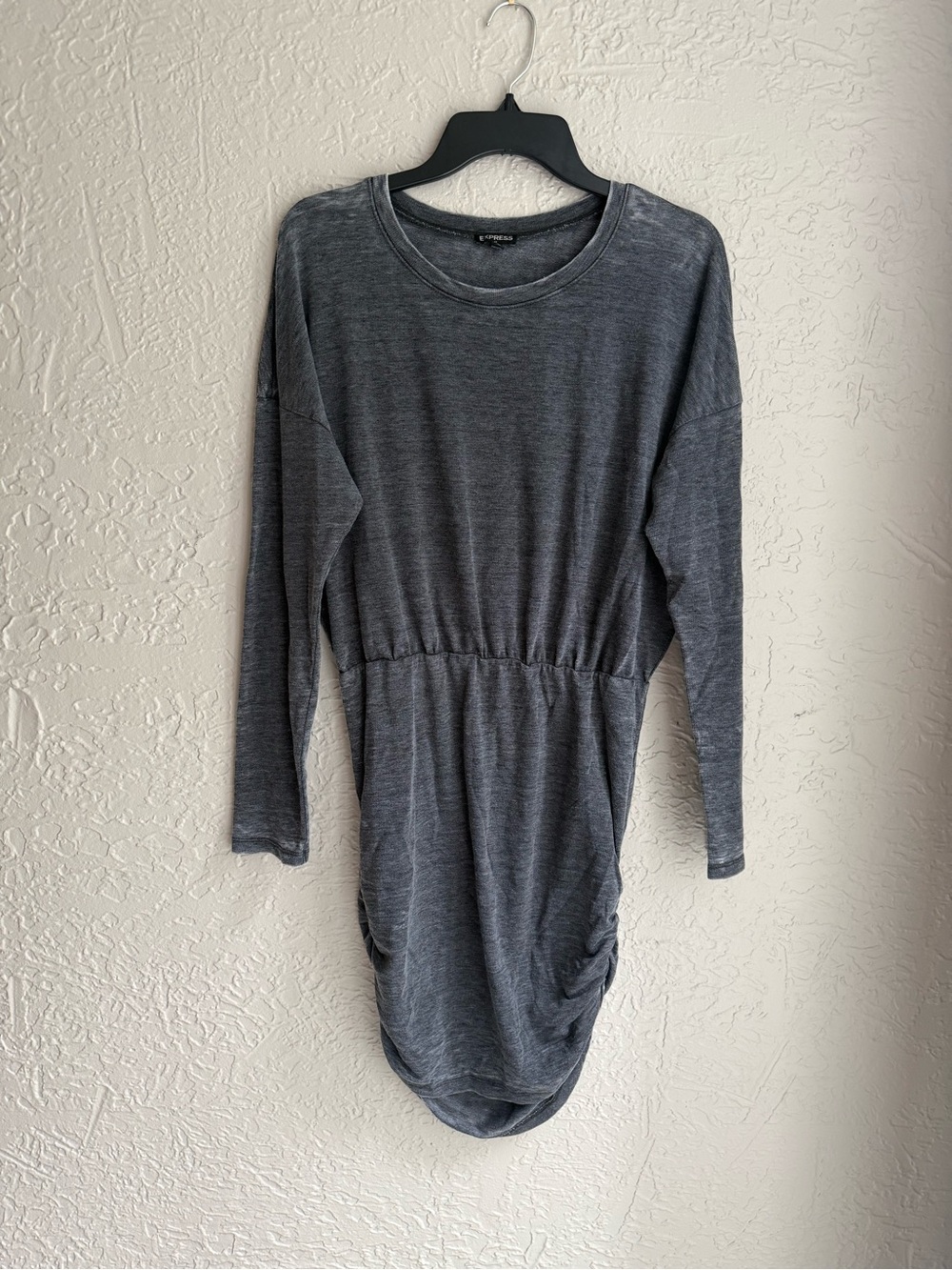 Express Dark Gray Long-Sleeve Ruched-Hem Knit Dress